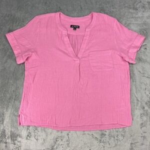 J. Crew Top Womens Sz L Pink V-Neck Double Gauze Popover #BI431 Pocket Airy Soft